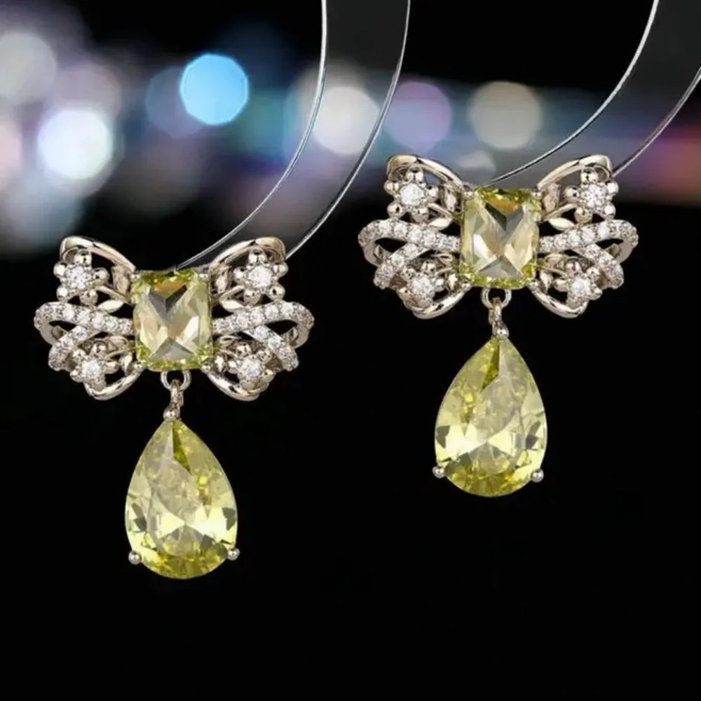 Chartreuse CZ Bow Gold Dangle Earrings